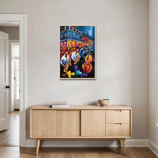 New Orleans Jazz Scene - Oak Framed Canvas Wall Art - Coffee Table - 24x36
