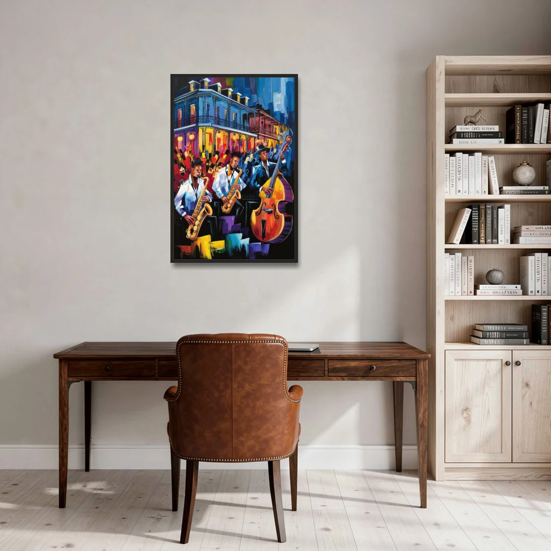 New Orleans Jazz Scene - Black Framed Canvas Wall Art - Office - 24x36
