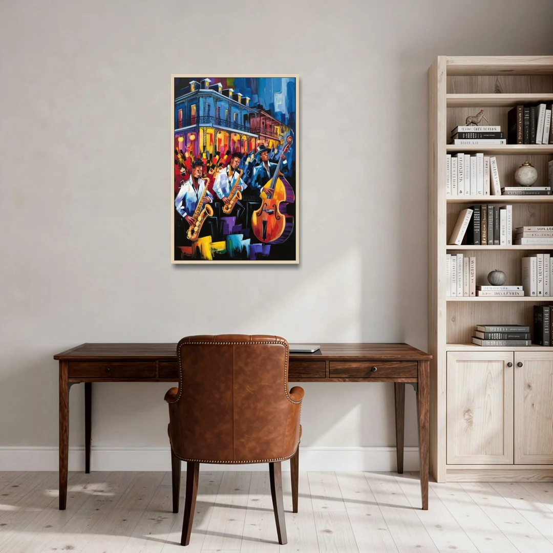 New Orleans Jazz Scene - Oak Framed Canvas Wall Art - Office - 24x36