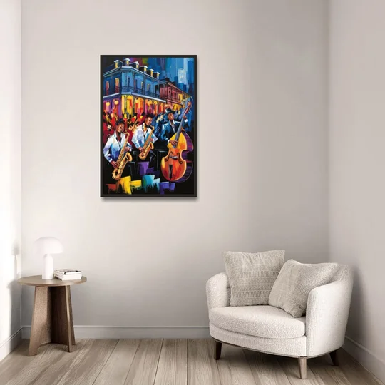 New Orleans Jazz Scene - Black Framed Canvas Wall Art - Sofa - 24x36