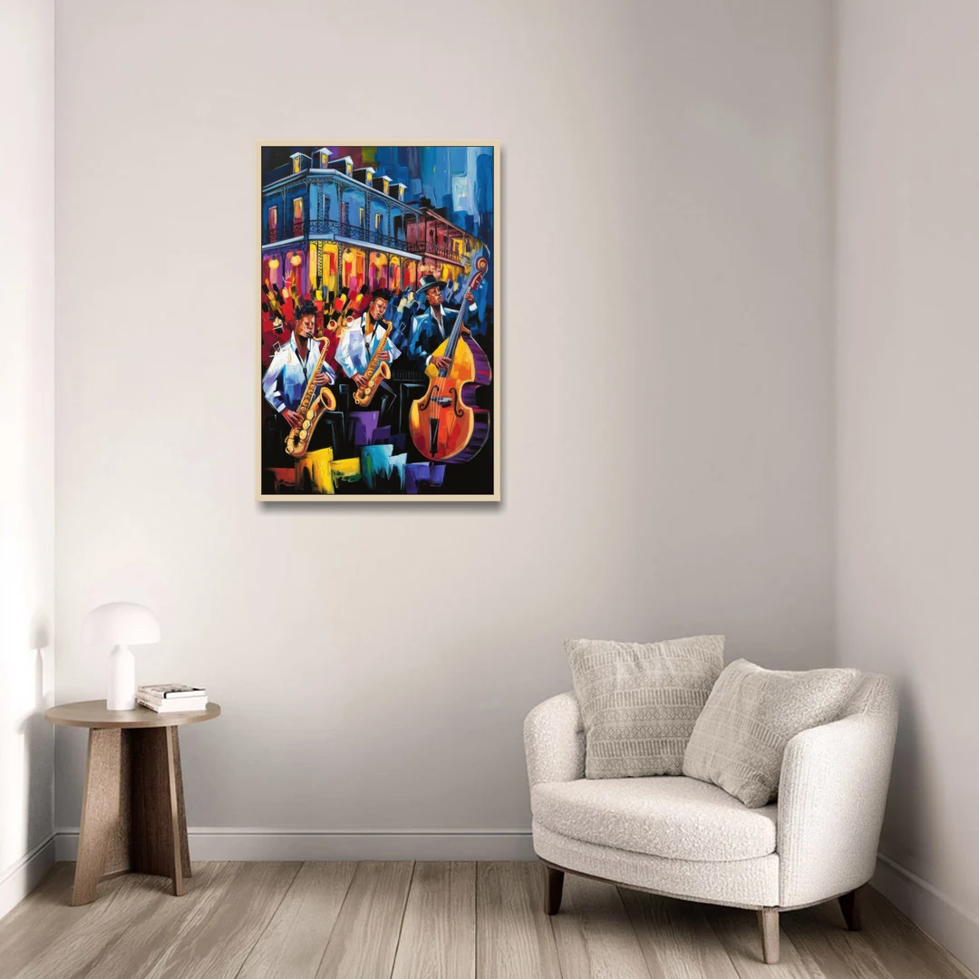 New Orleans Jazz Scene - Oak Framed Canvas Wall Art - Sofa - 24x36