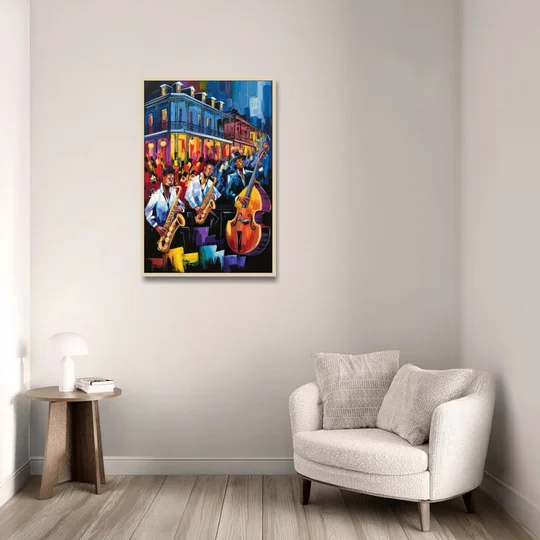 New Orleans Jazz Scene - Oak Framed Canvas Wall Art - Sofa - 24x36