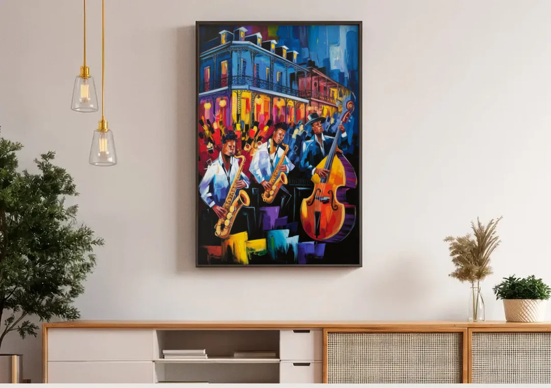 New Orleans Jazz Scene canvas wall art above a wooden sideboard under pendant lights