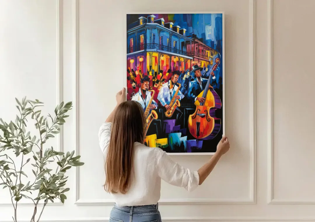 New Orleans Jazz Scene canvas wall art being hung on a paneled wall