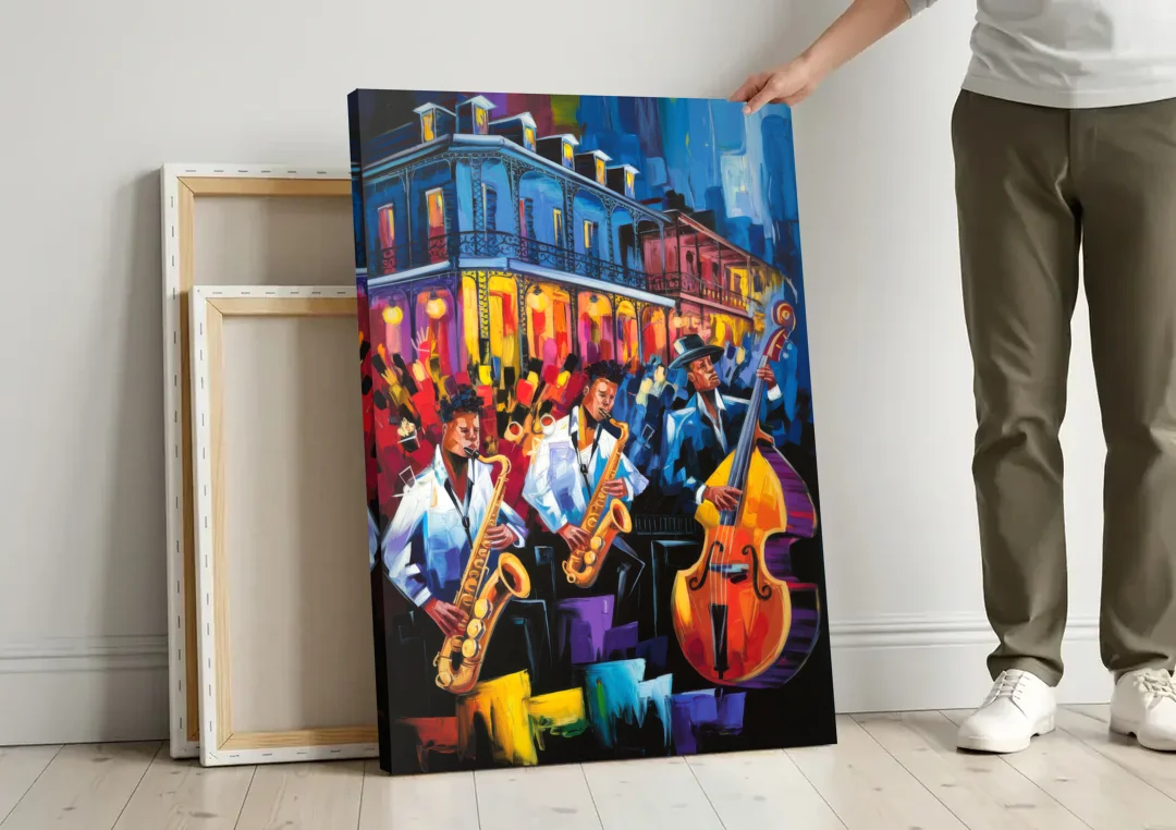 New Orleans Jazz Scene canvas wall art leaning against a wall next to blank canvases