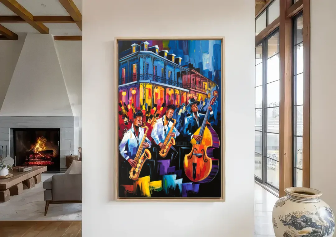 New Orleans Jazz Scene canvas wall art in a living room with a fireplace