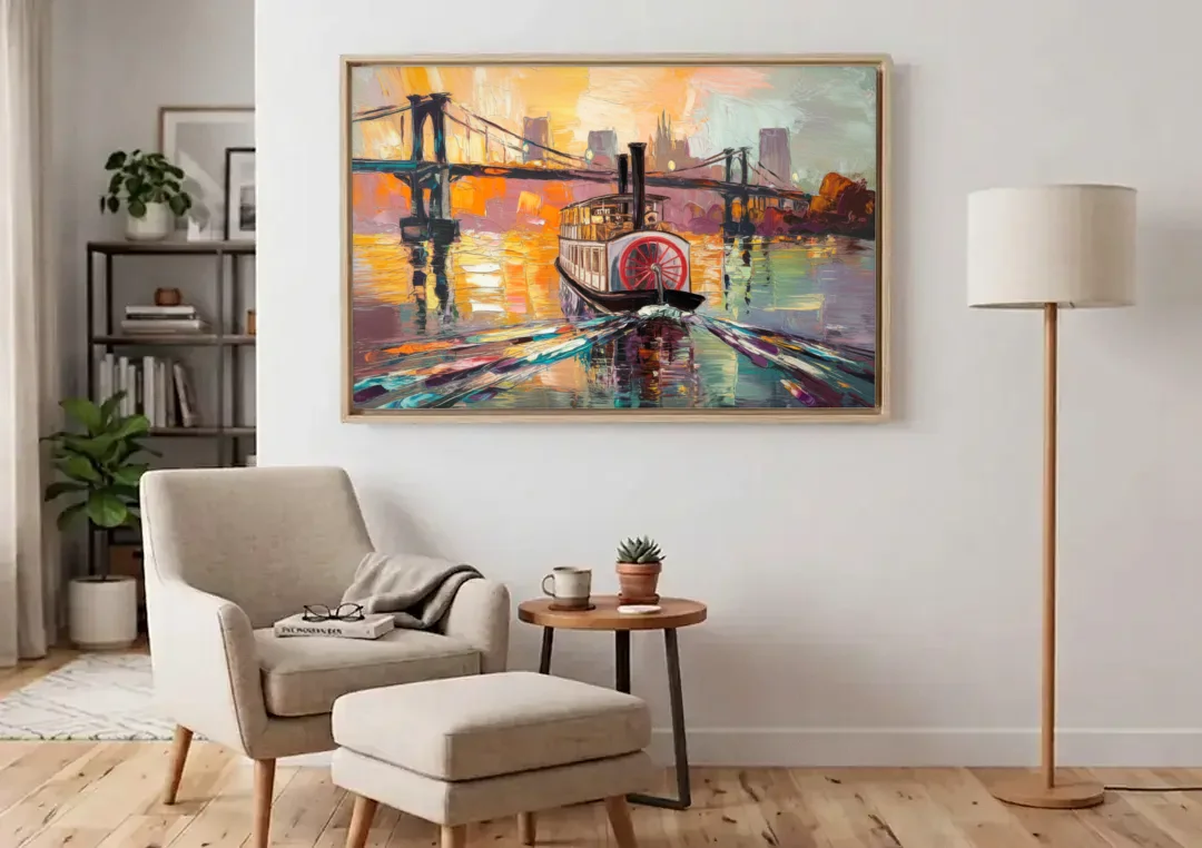 New Orleans Mississippi River Views canvas wall art above an armchair in a bright living room