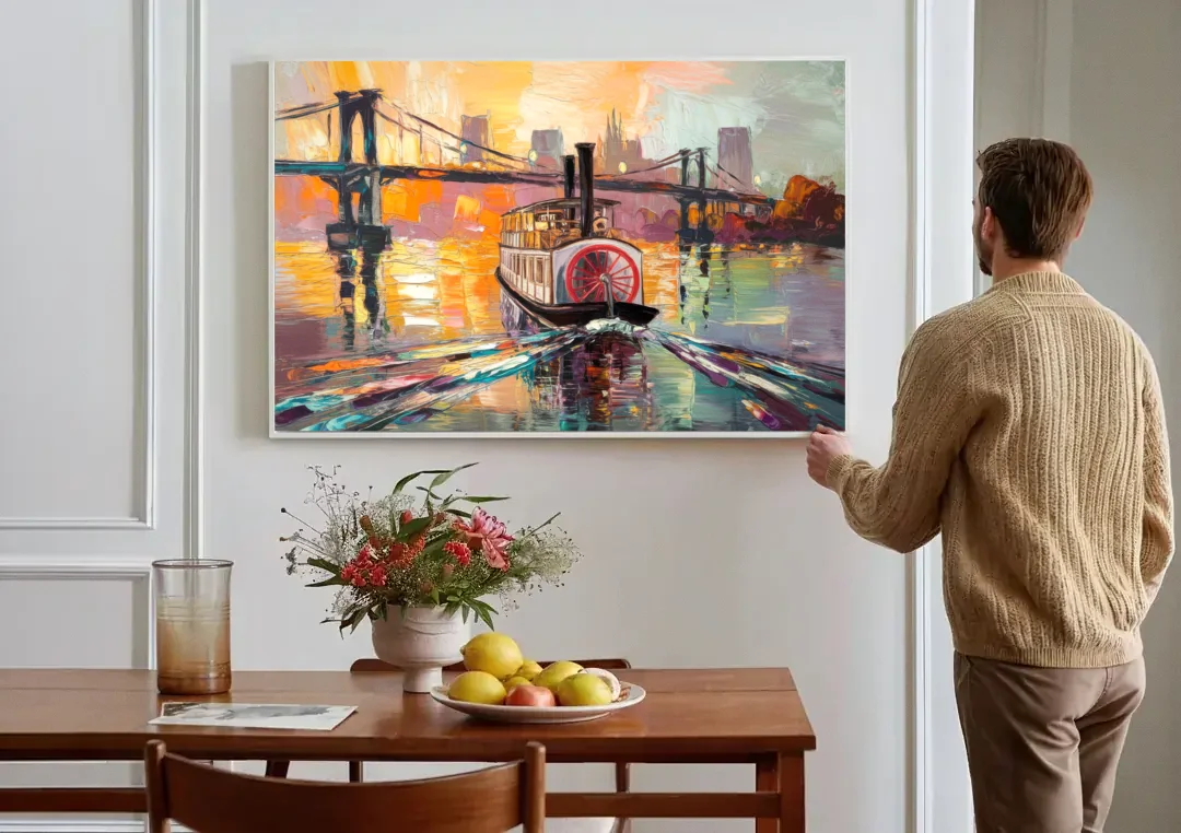 New Orleans Mississippi River Views canvas wall art above a dining table