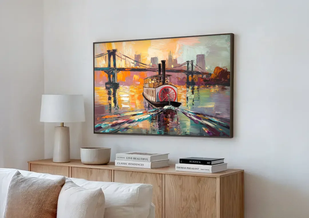 New Orleans Mississippi River Views canvas wall art above a wooden sideboard next to a sofa