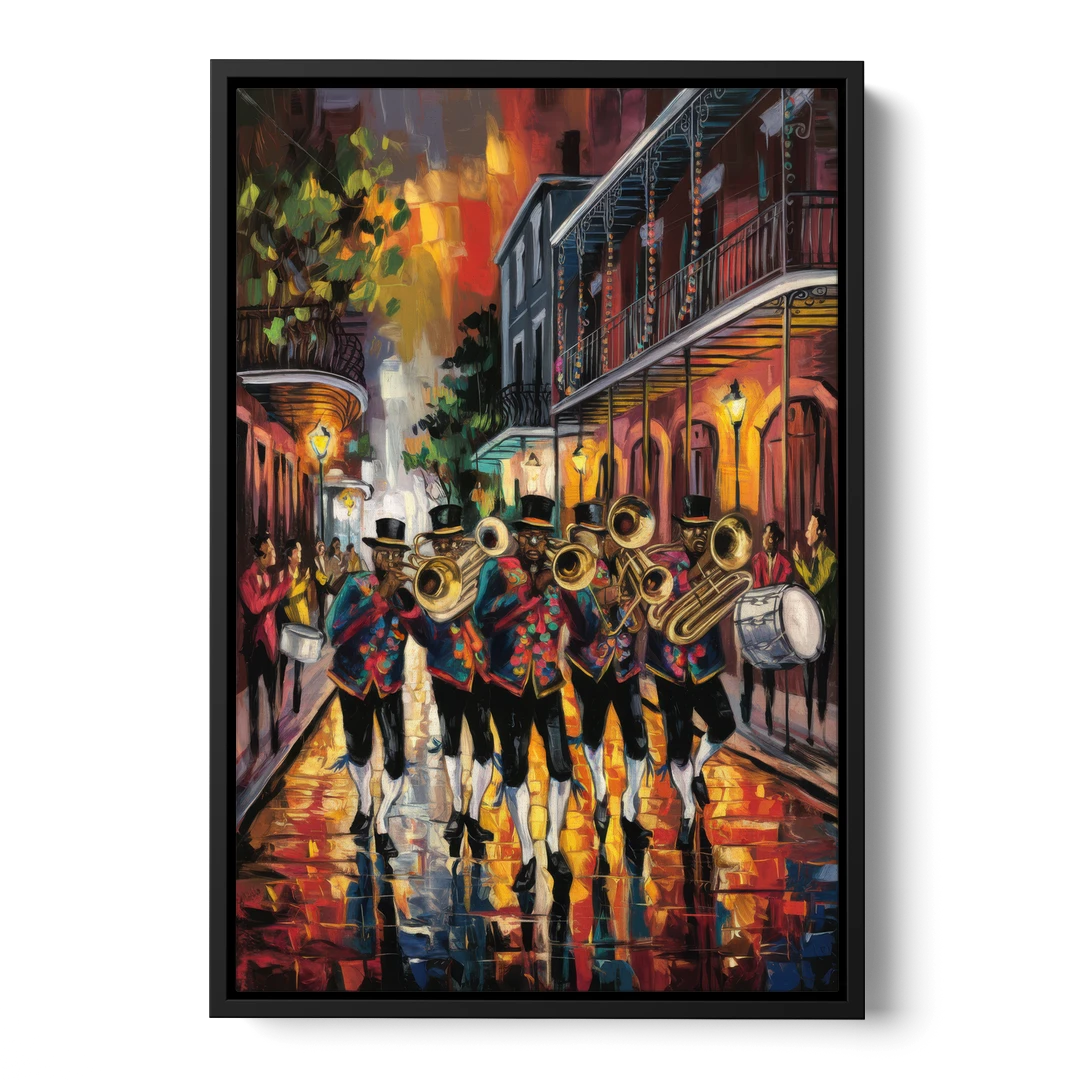 New Orleans Second Line Band - Black Framed Canvas Wall Art - Front