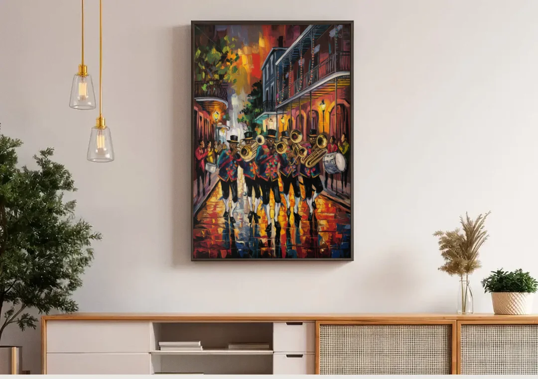 New Orleans Second Line Band canvas wall art above a wooden sideboard under pendant lights