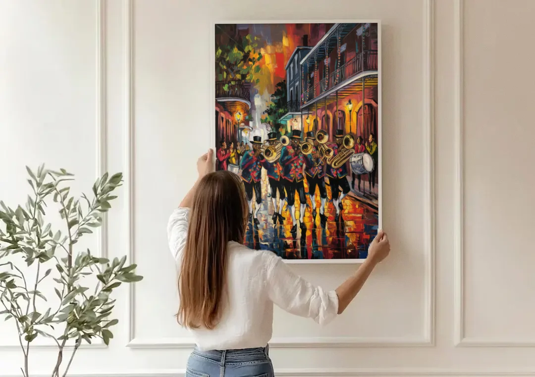 New Orleans Second Line Band canvas wall art being hung on a paneled wall