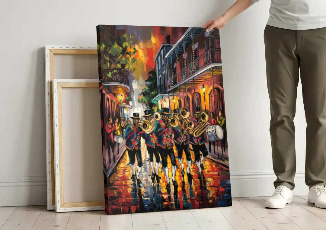 New Orleans Second Line Band canvas wall art leaning against a wall next to blank canvases