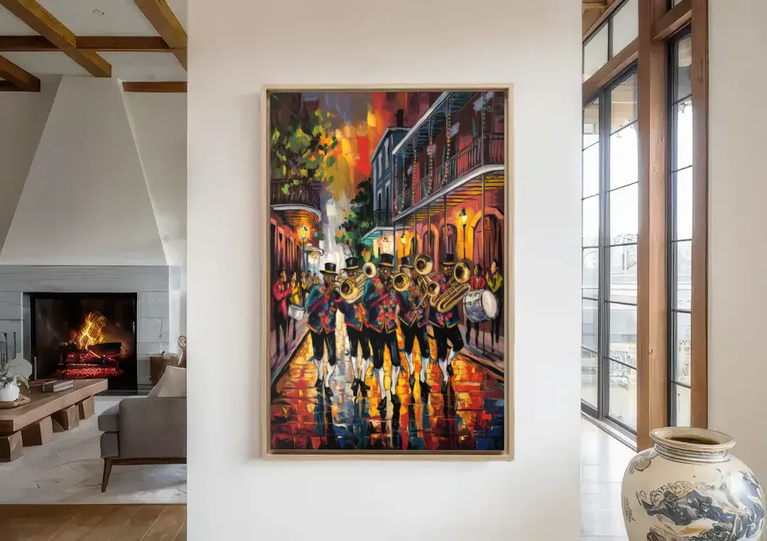 New Orleans Second Line Band canvas wall art in a living room with a fireplace