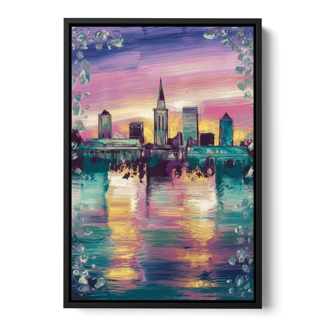 New Orleans Skyline at Sunset - Black Framed Canvas Wall Art - Front