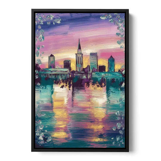 New Orleans Skyline at Sunset - Black Framed Canvas Wall Art - Front