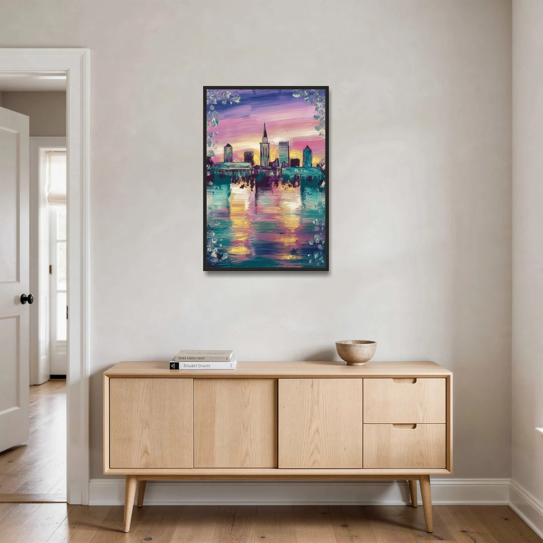 New Orleans Skyline at Sunset - Black Framed Canvas Wall Art - Coffee Table - 24x36