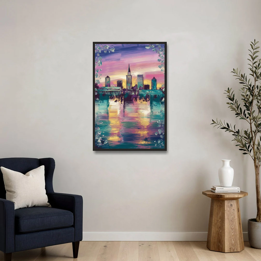 New Orleans Skyline at Sunset - Black Framed Canvas Wall Art - Sofa - 24x36