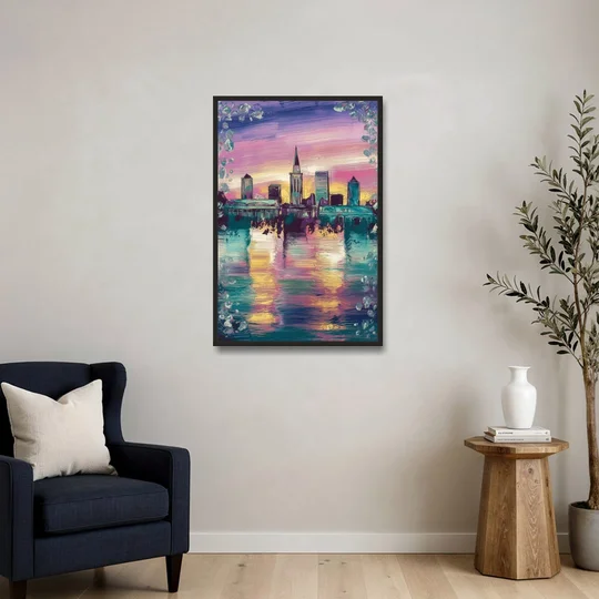New Orleans Skyline at Sunset - Black Framed Canvas Wall Art - Sofa - 24x36