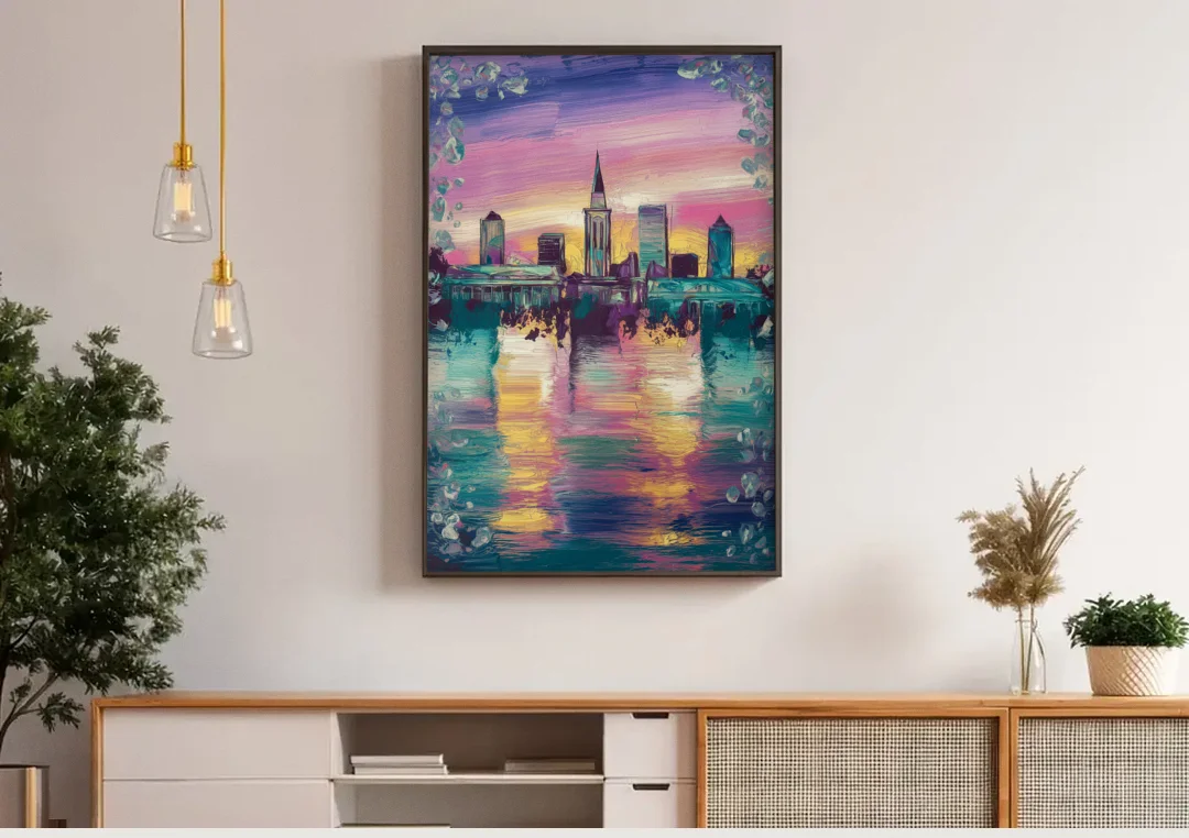 New Orleans Skyline at Sunset canvas wall art above a wooden sideboard under pendant lights