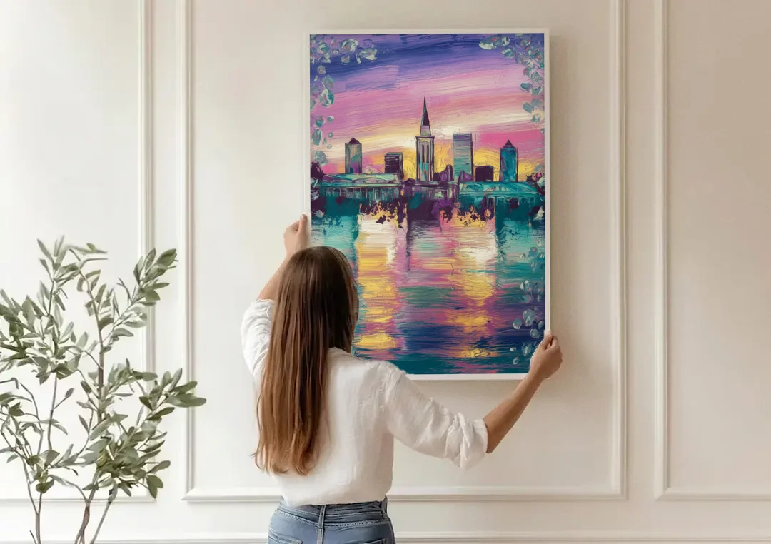 New Orleans Skyline at Sunset canvas wall art being hung on a paneled wall