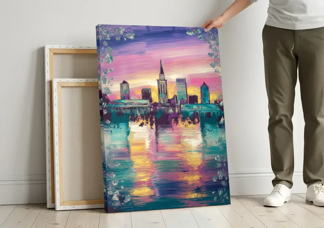 New Orleans Skyline at Sunset canvas wall art leaning against a wall next to blank canvases
