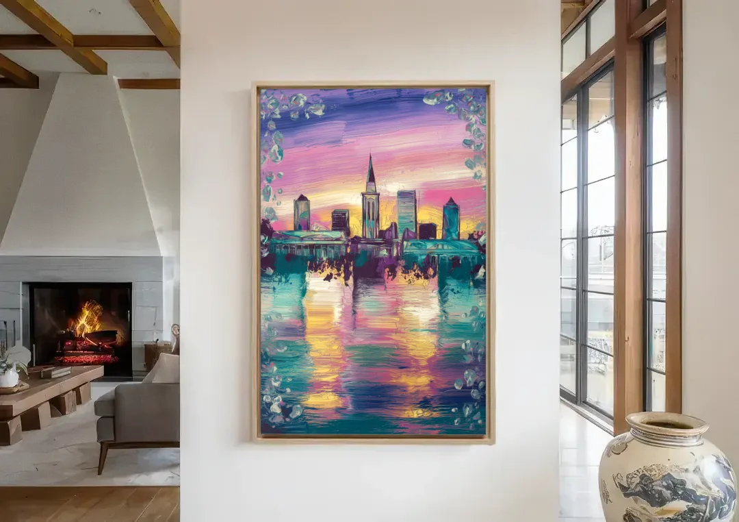 New Orleans Skyline at Sunset canvas wall art in a living room with a fireplace