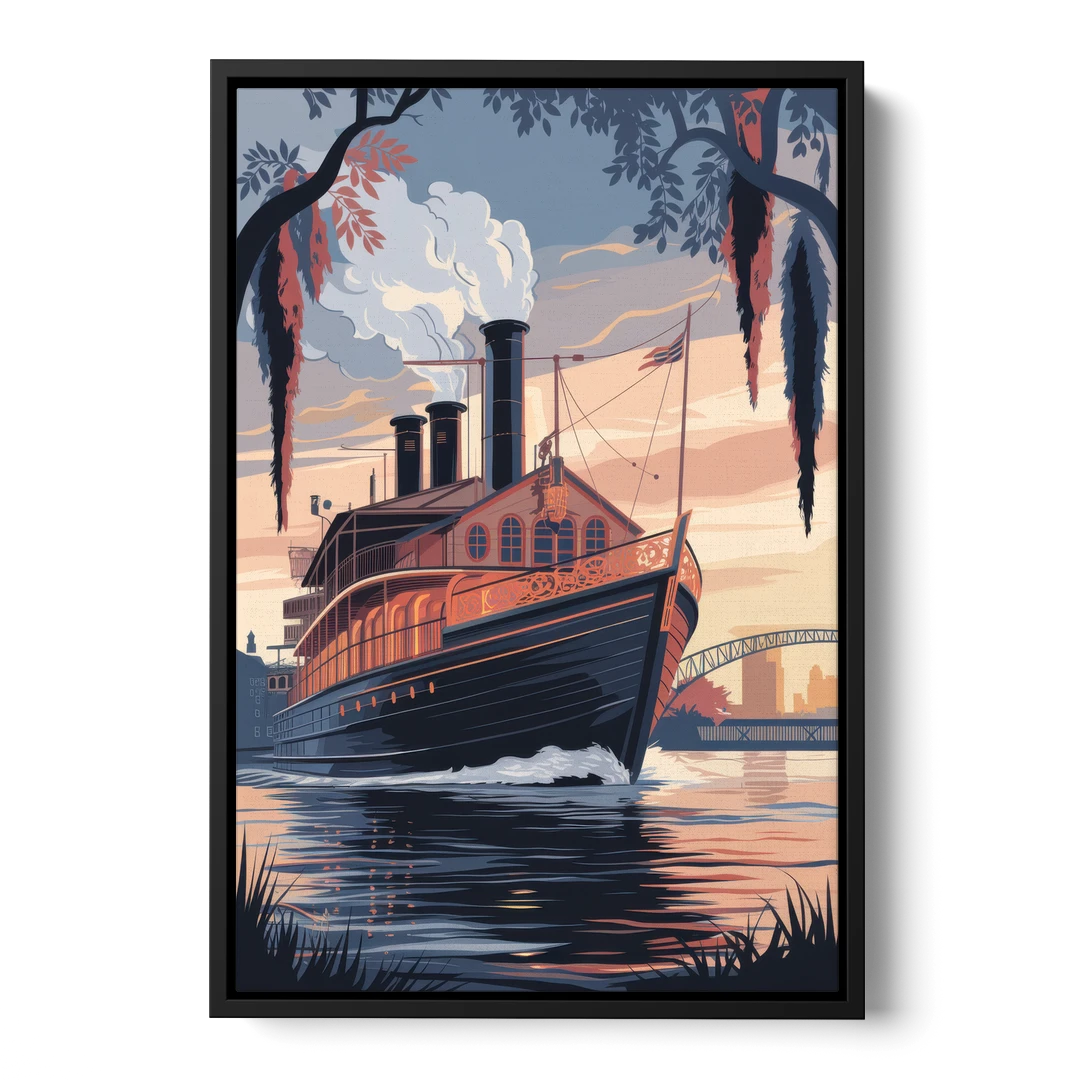 New Orleans Steamboat on the River - Black Framed Canvas Wall Art - Front