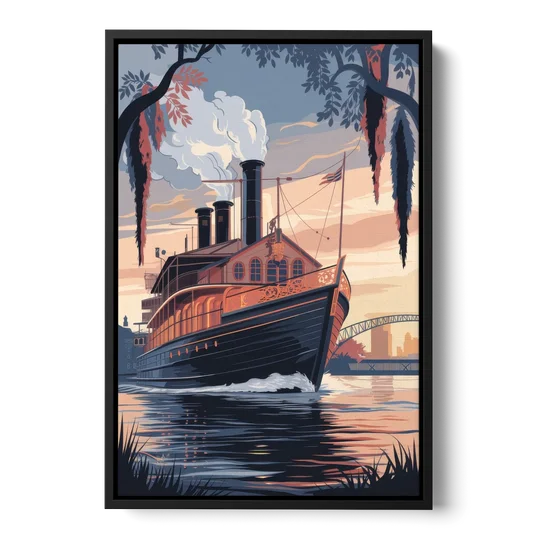 New Orleans Steamboat on the River - Black Framed Canvas Wall Art - Front