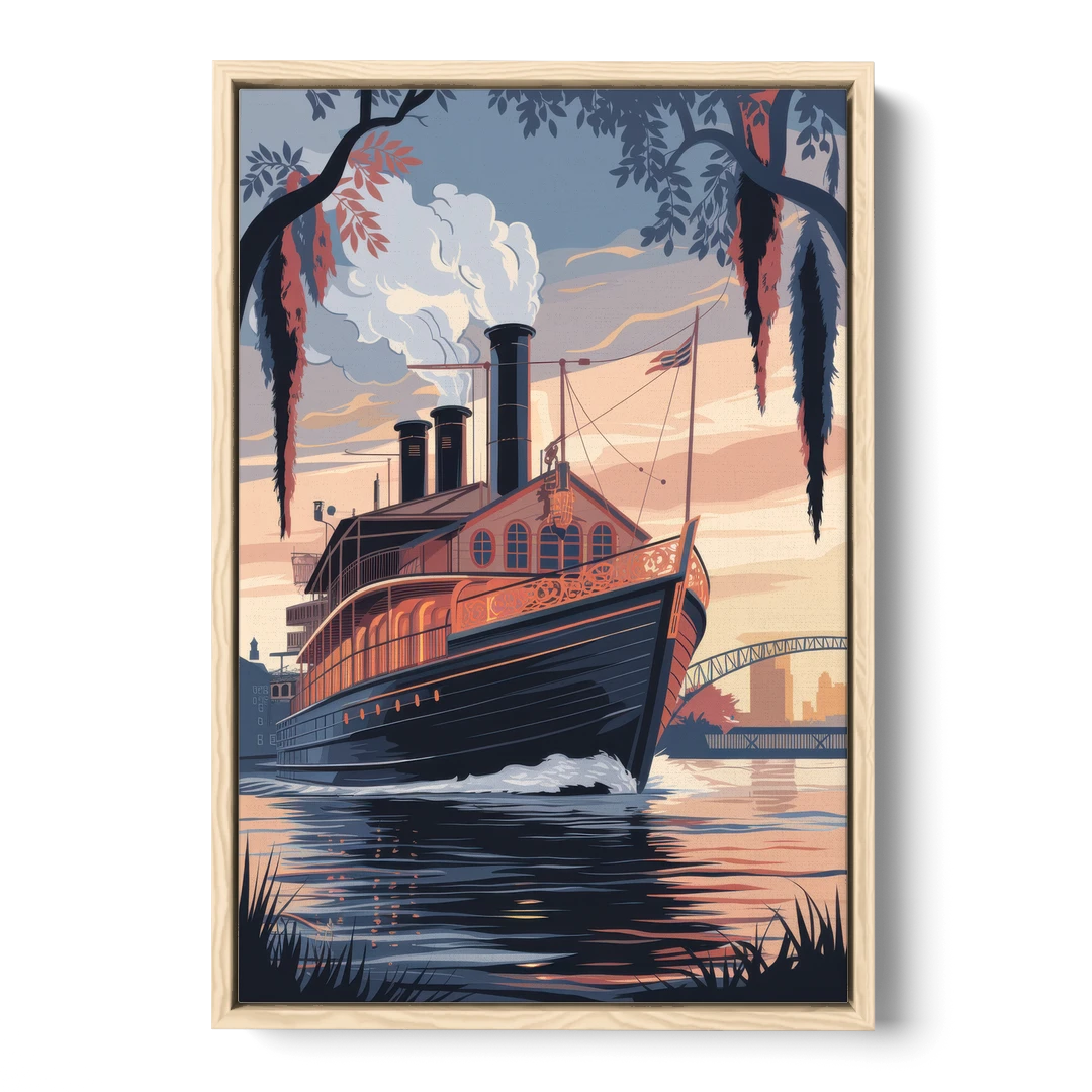 New Orleans Steamboat on the River - Oak Framed Canvas Wall Art - Front