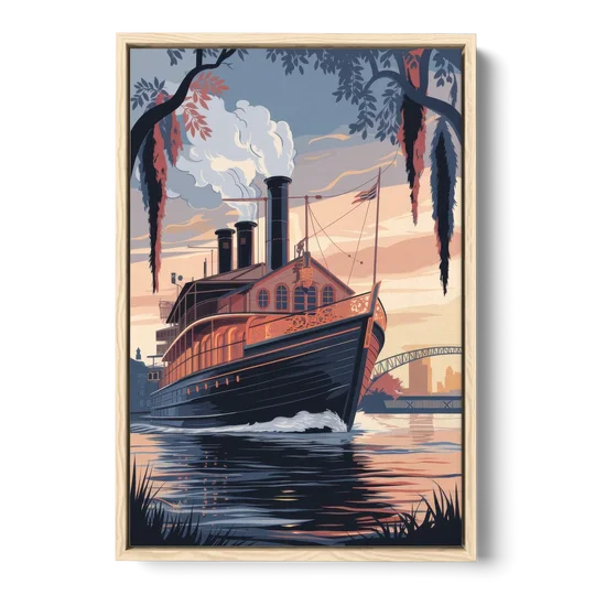 New Orleans Steamboat on the River - Oak Framed Canvas Wall Art - Front
