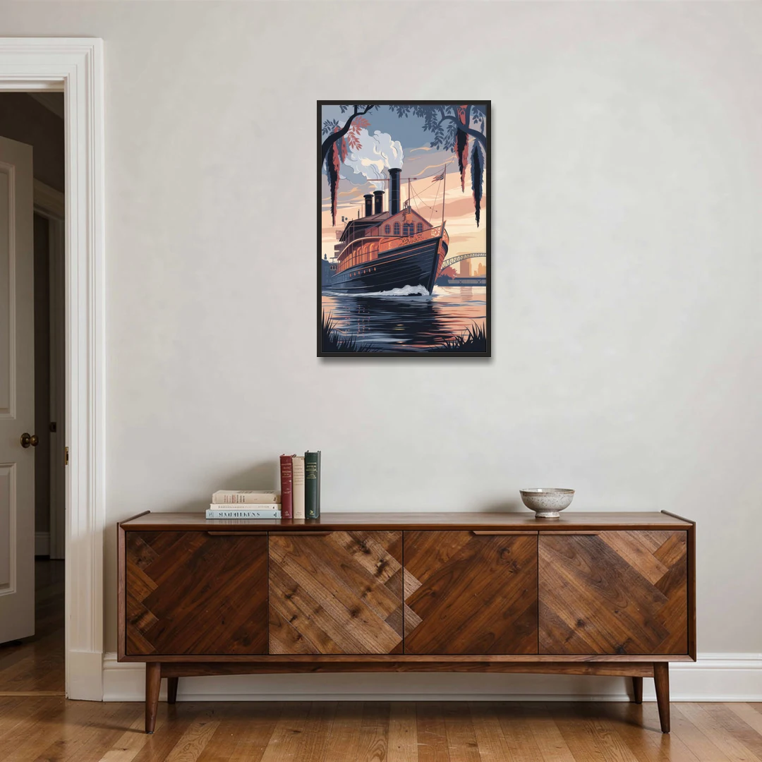 New Orleans Steamboat on the River - Black Framed Canvas Wall Art - Coffee Table - 24x36