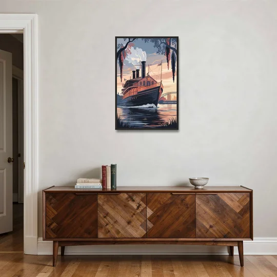 New Orleans Steamboat on the River - Black Framed Canvas Wall Art - Coffee Table - 24x36