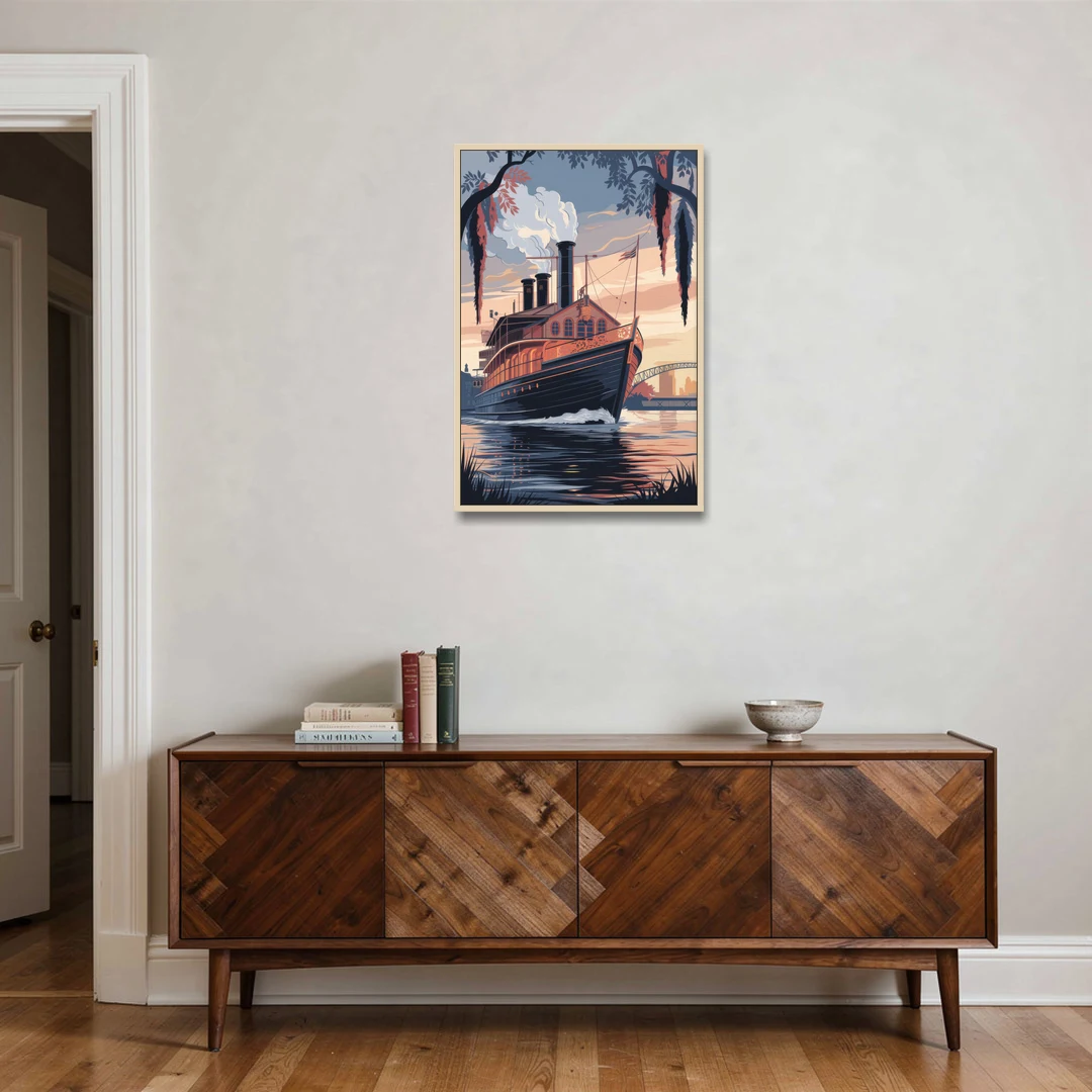 New Orleans Steamboat on the River - Oak Framed Canvas Wall Art - Coffee Table - 24x36