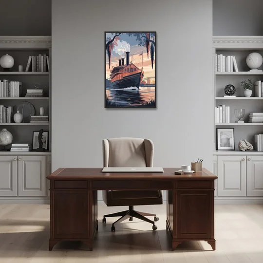 New Orleans Steamboat on the River - Black Framed Canvas Wall Art - Office - 24x36