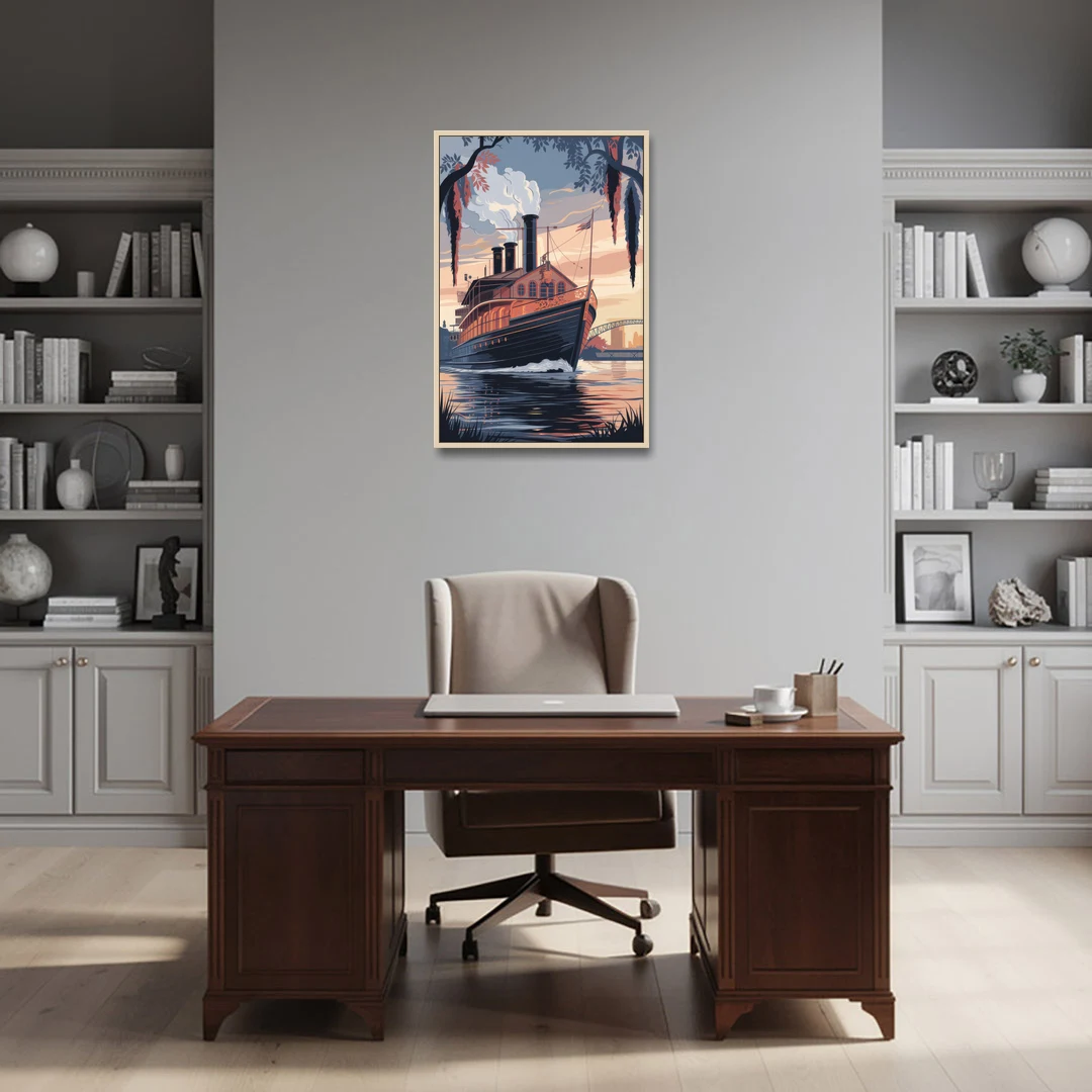 New Orleans Steamboat on the River - Oak Framed Canvas Wall Art - Office - 24x36