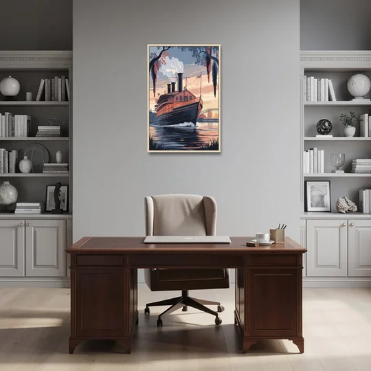 New Orleans Steamboat on the River - Oak Framed Canvas Wall Art - Office - 24x36