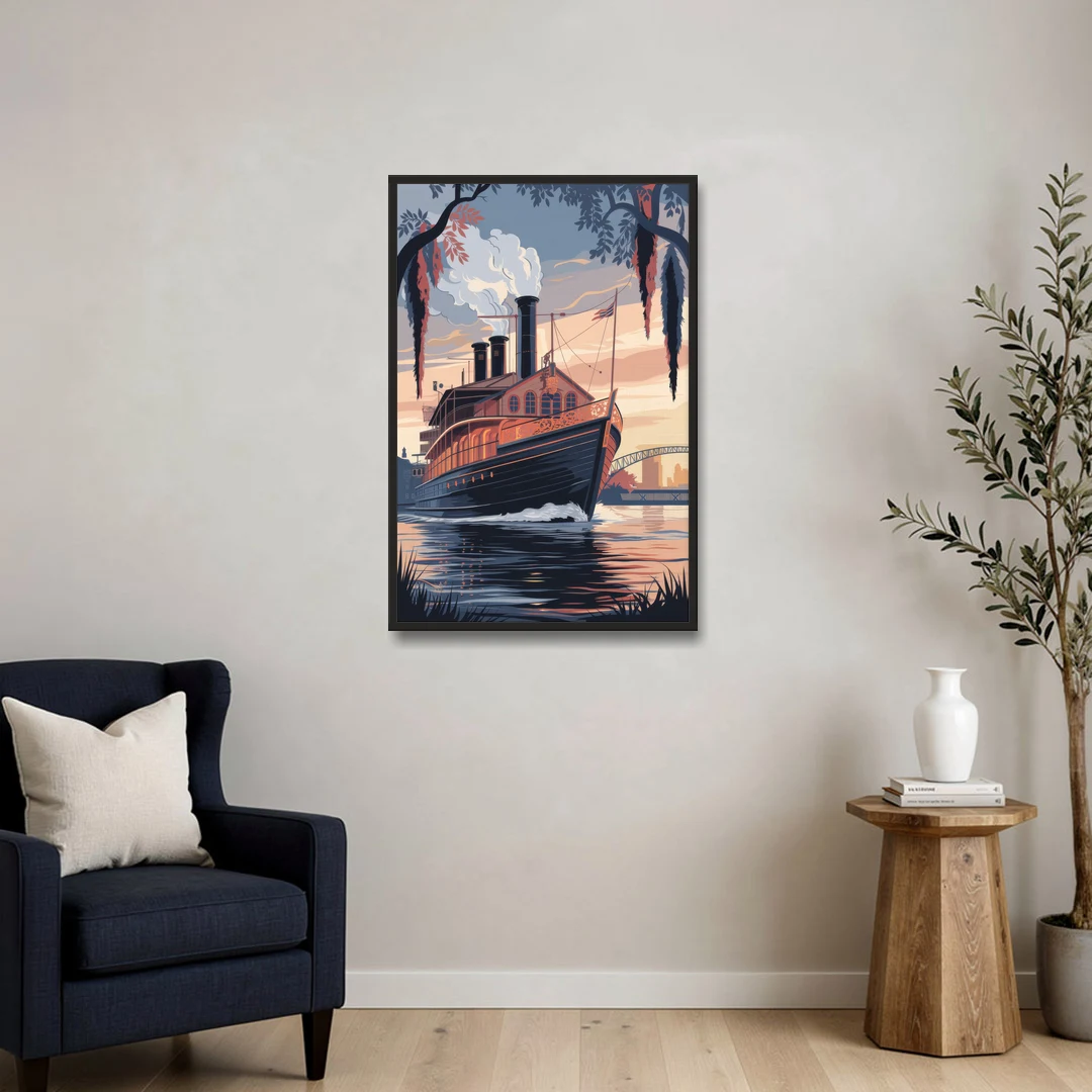 New Orleans Steamboat on the River - Black Framed Canvas Wall Art - Sofa - 24x36