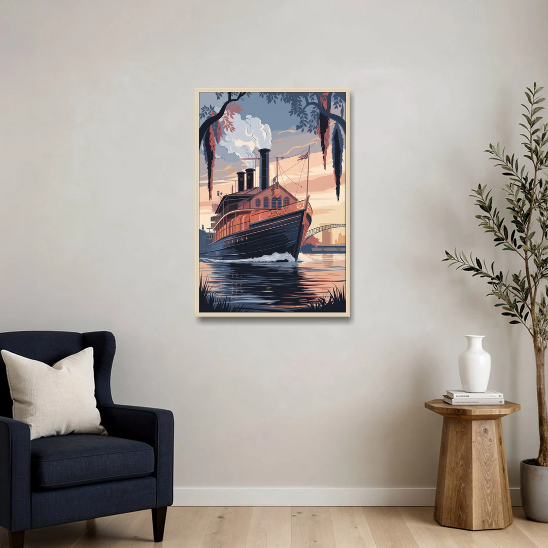 New Orleans Steamboat on the River - Oak Framed Canvas Wall Art - Sofa - 24x36