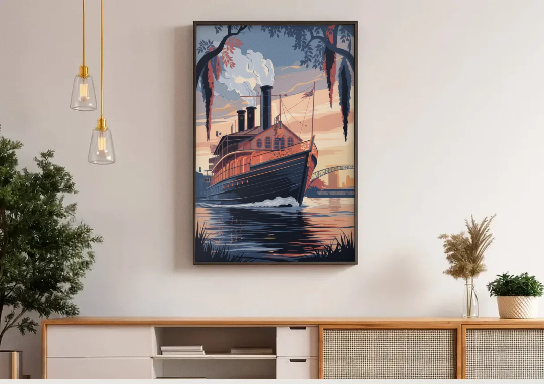 New Orleans Steamboat on the River canvas wall art above a wooden sideboard under pendant lights