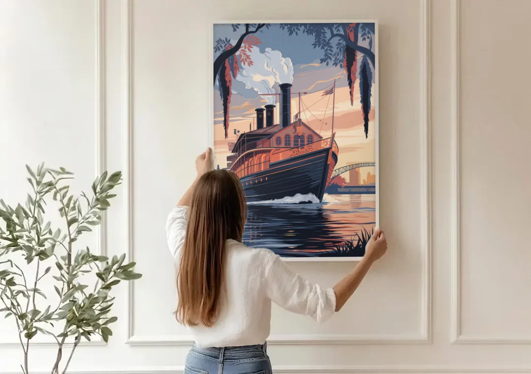 New Orleans Steamboat on the River canvas wall art being hung on a paneled wall