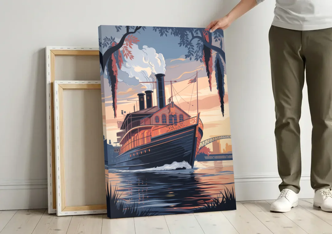 New Orleans Steamboat on the River canvas wall art leaning against a wall next to blank canvases