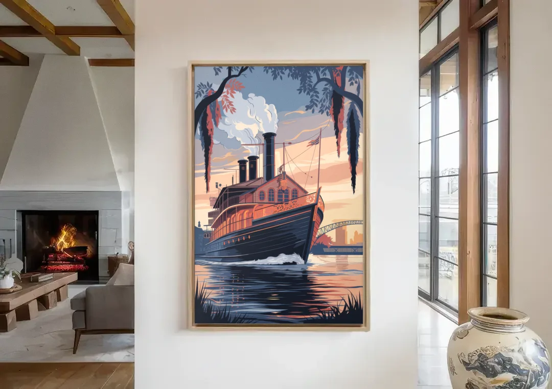 New Orleans Steamboat on the River canvas wall art in a living room with a fireplace
