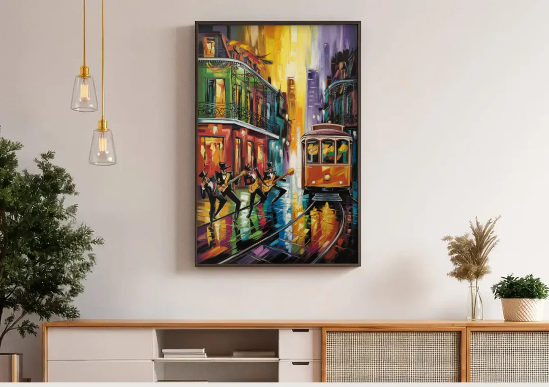 New Orleans Symbols of Culture canvas wall art above a wooden sideboard under pendant lights