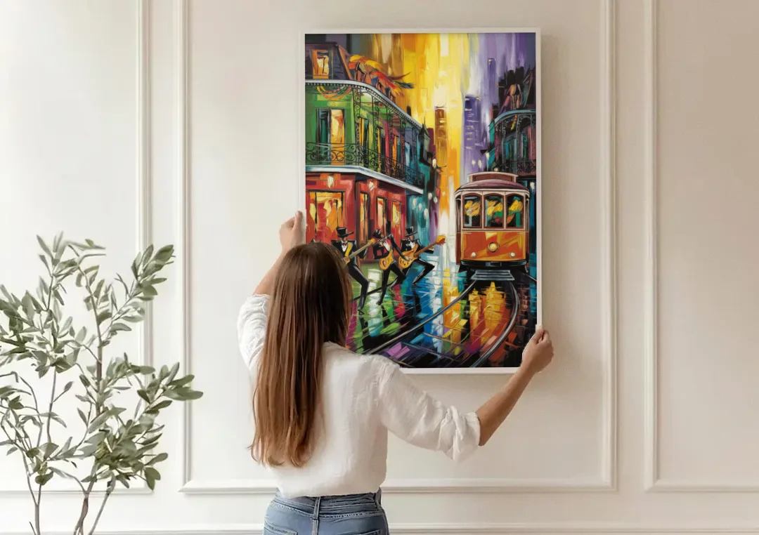 New Orleans Symbols of Culture canvas wall art being hung on a paneled wall