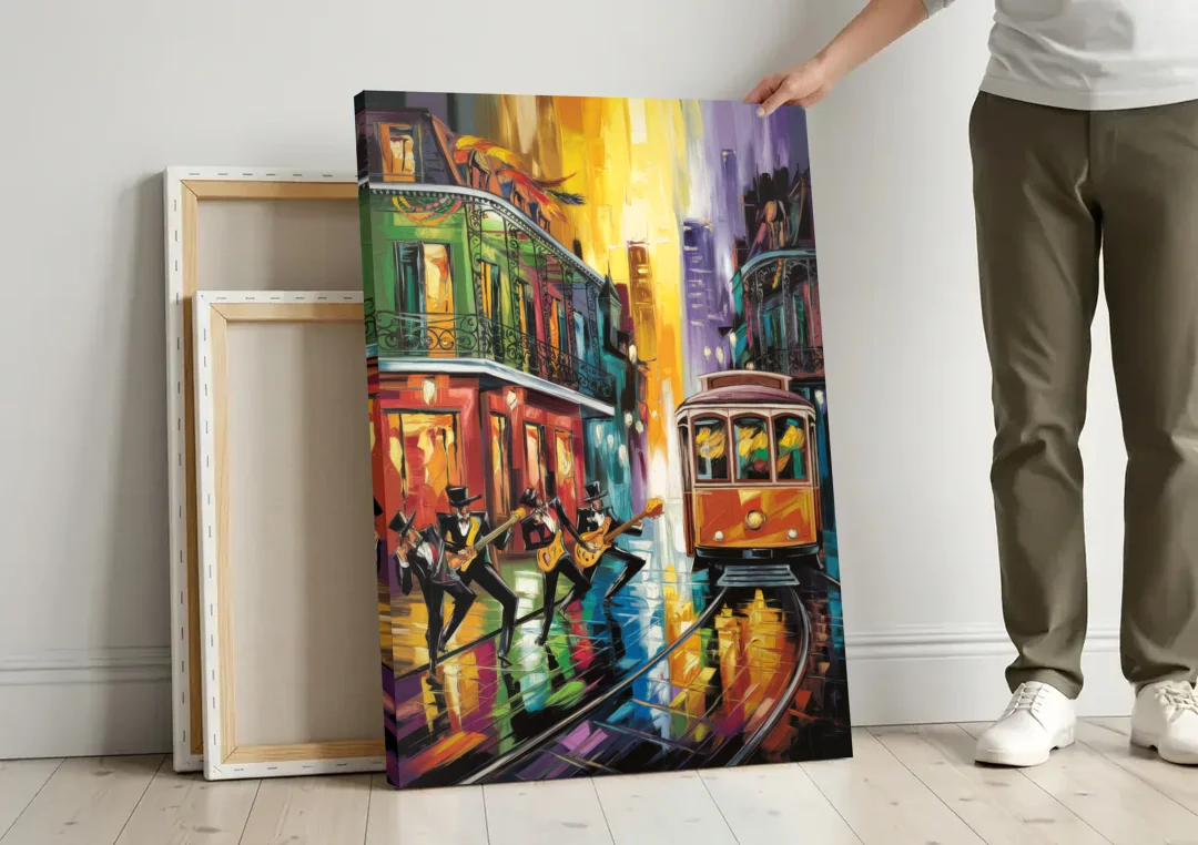New Orleans Symbols of Culture canvas wall art leaning against a wall next to blank canvases