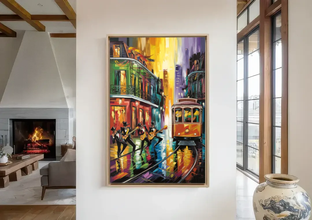 New Orleans Symbols of Culture canvas wall art in a living room with a fireplace