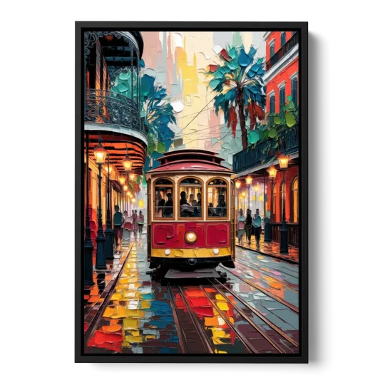 New Orleans Trolley Car Journey - Black Framed Canvas Wall Art - Front
