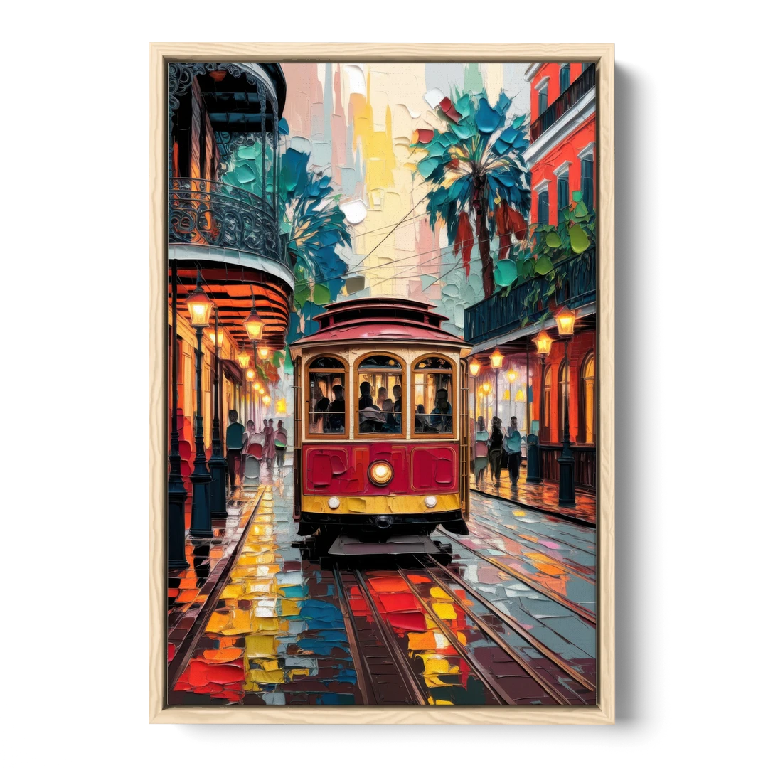 New Orleans Trolley Car Journey - Oak Framed Canvas Wall Art - Front