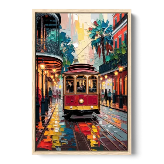 New Orleans Trolley Car Journey - Oak Framed Canvas Wall Art - Front